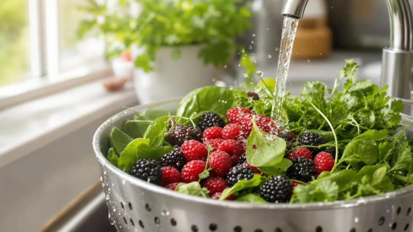 Fresh raspberries, blackberries, and salad greens being rinsed in a colander under a kitchen faucet